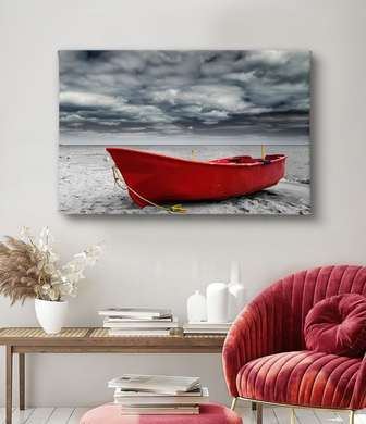 Poster - Red boat, 90 x 60 см, Framed poster on glass