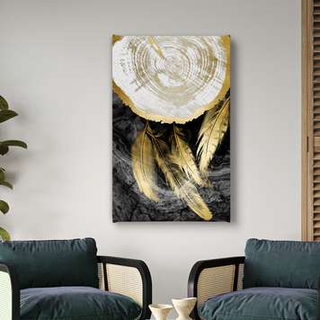 Poster - Golden feathers on a gray background, 60 x 90 см, Framed poster, Abstract