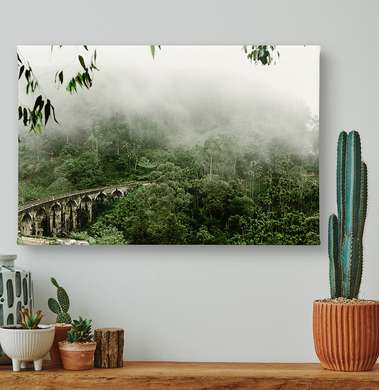 Poster - Bridge in cloudy jungle, 90 x 60 см, Framed poster on glass