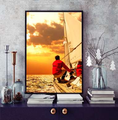 Poster - Yacht in the sea at sunset, 60 x 90 см, Framed poster, Marine Theme
