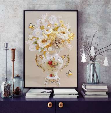 Poster - Porcelain vase with flowers, 45 x 90 см, Framed poster on glass