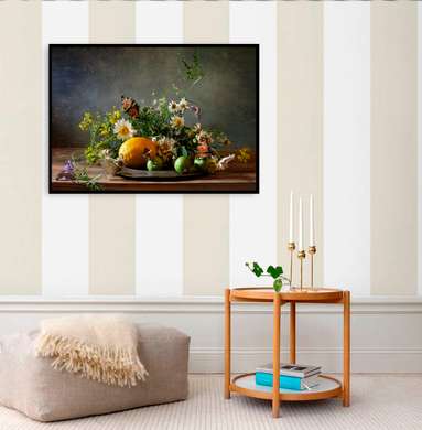 Постер - Натюрморт с цветами и лимоном, 45 x 30 см, Холст на подрамнике