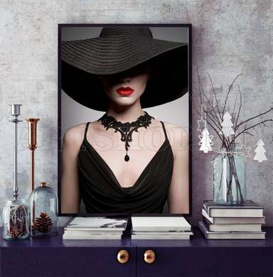 Poster - Portrait of a young lady in a black dress, 60 x 90 см, Framed poster on glass, Glamour