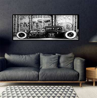 Poster - Mașină vintage alb-negru, 90 x 45 см, Poster inramat pe sticla