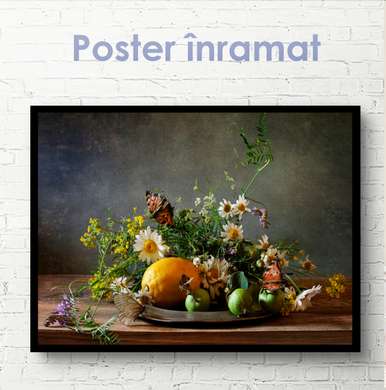 Постер - Натюрморт с цветами и лимоном, 90 x 60 см, Постер на Стекле в раме, Натюрморт