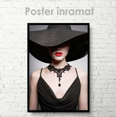 Poster - Portrait of a young lady in a black dress, 60 x 90 см, Framed poster on glass, Glamour