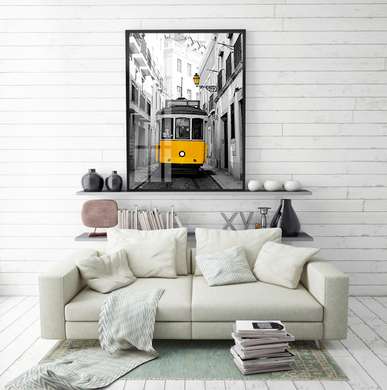 Poster - Tramvai galben vintage, 30 x 60 см, Panza pe cadru, Transport