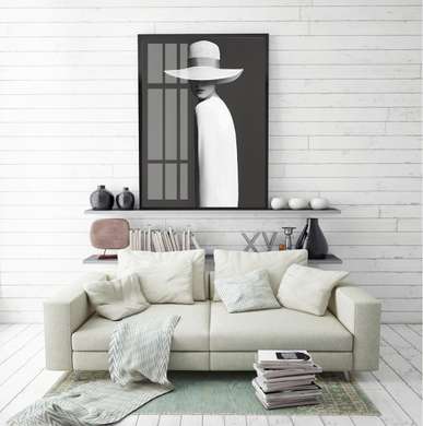 Постер - Портрет девушке в стиле минимализм, 60 x 90 см, Постер на Стекле в раме, Черно Белые