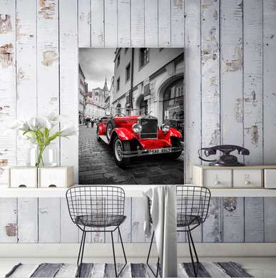 Poster - Red car on a background of a gray city, 45 x 90 см, Framed poster, Transport