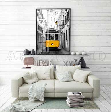 Poster - Tramvai galben vintage, 45 x 90 см, Poster inramat pe sticla, Transport