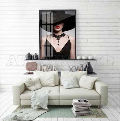 Poster - Portrait of a young lady in a black dress, 60 x 90 см, Framed poster on glass, Glamour