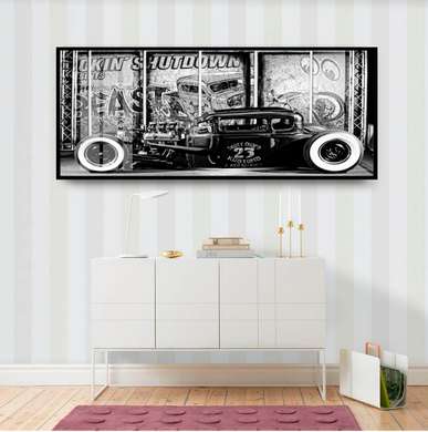 Poster - Mașină vintage alb-negru, 90 x 45 см, Poster inramat pe sticla