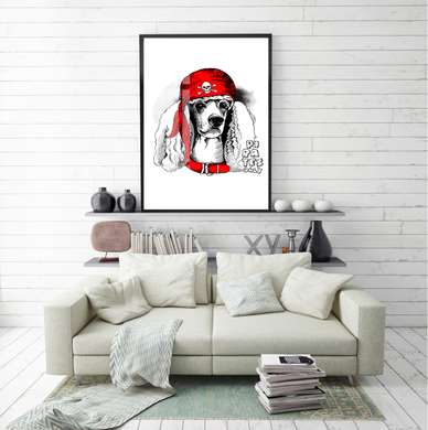Постер - Пудель в красной кепке на белом фоне, 60 x 90 см, Постер в раме, Минимализм