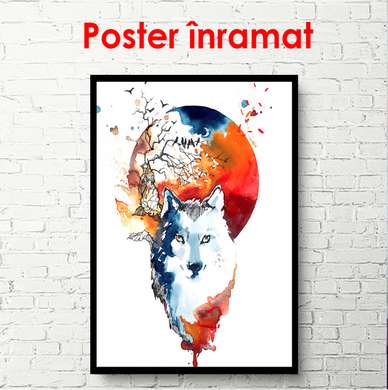 Постер - Волк и луна, 60 x 90 см, Постер в раме, Минимализм