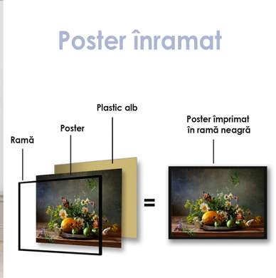 Poster - Still life with flowers and lemon, 90 x 60 см, Framed poster on glass, Still Life