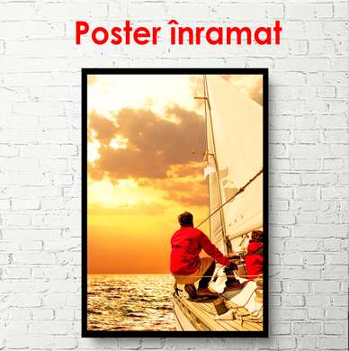 Poster - Yacht in the sea at sunset, 60 x 90 см, Framed poster, Marine Theme