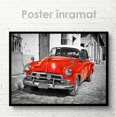 Постер - Красный ретро автомобиль, 45 x 30 см, Холст на подрамнике