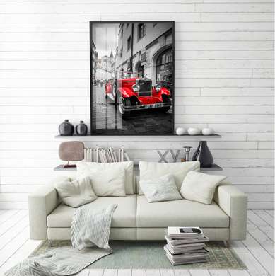Постер - Красный автомобиль на фоне серого города, 45 x 90 см, Постер в раме, Транспорт