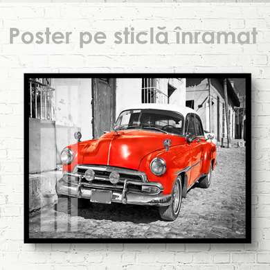 Постер - Красный ретро автомобиль, 90 x 60 см, Постер на Стекле в раме