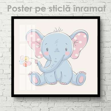 Poster - Elephant with a flower, 100 x 100 см, Framed poster on glass, For Kids