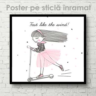 Poster - Girl with scooter, 40 x 40 см, Canvas on frame, For Kids