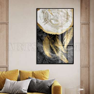 Poster - Golden feathers on a gray background, 60 x 90 см, Framed poster, Abstract