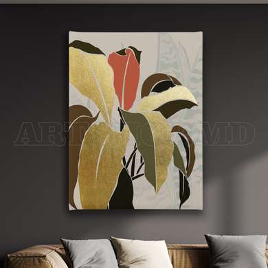 Poster - Golden tropical leaves, 60 x 90 см, Framed poster on glass, Botanical