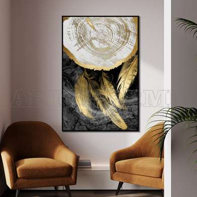 Poster - Golden feathers on a gray background, 60 x 90 см, Framed poster on glass, Abstract