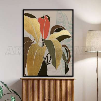 Poster - Golden tropical leaves, 60 x 90 см, Framed poster on glass, Botanical