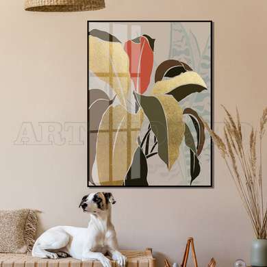 Poster - Golden tropical leaves, 60 x 90 см, Framed poster on glass, Botanical