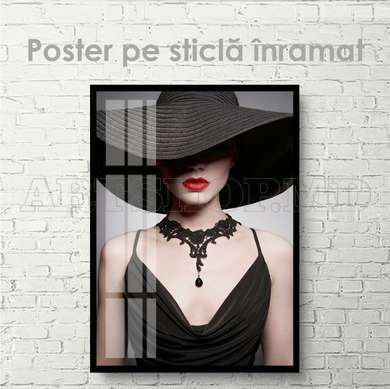 Poster - Portrait of a young lady in a black dress, 60 x 90 см, Framed poster on glass, Glamour