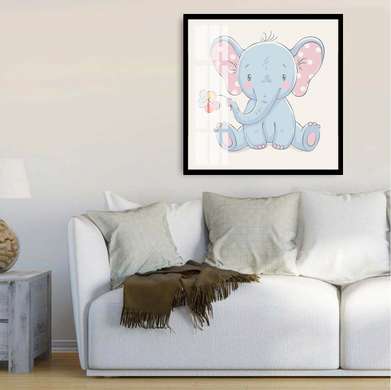 Poster - Elephant with a flower, 100 x 100 см, Framed poster on glass, For Kids