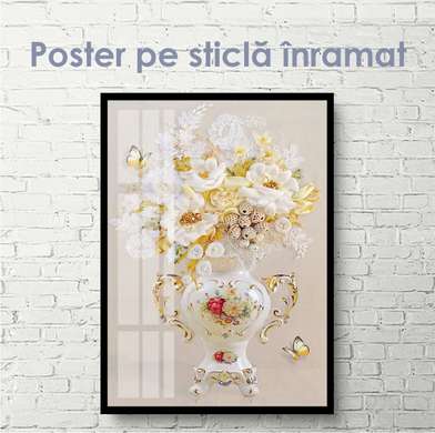 Poster - Porcelain vase with flowers, 45 x 90 см, Framed poster on glass