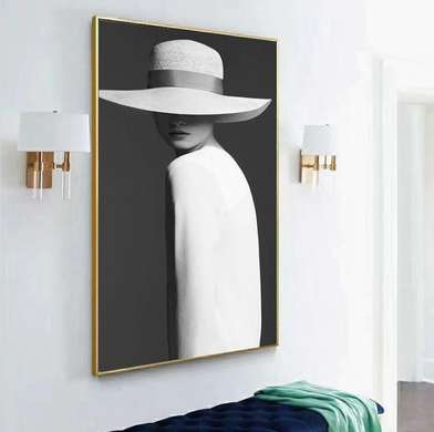 Постер - Портрет девушке в стиле минимализм, 60 x 90 см, Постер на Стекле в раме, Черно Белые