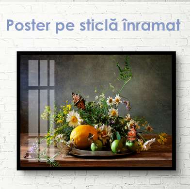 Постер - Натюрморт с цветами и лимоном, 45 x 30 см, Холст на подрамнике