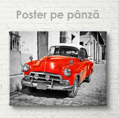 Постер - Красный ретро автомобиль, 90 x 60 см, Постер на Стекле в раме