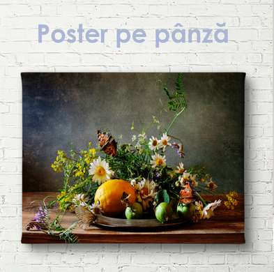 Постер - Натюрморт с цветами и лимоном, 90 x 60 см, Постер на Стекле в раме, Натюрморт
