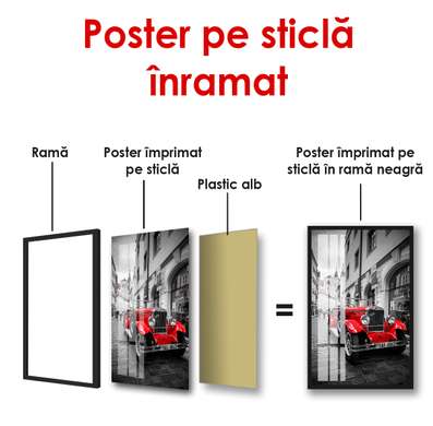 Poster - Red car on a background of a gray city, 45 x 90 см, Framed poster, Transport