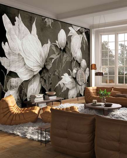 Wall mural - White flowers on a brown-grey background
