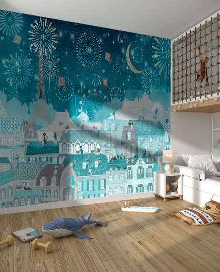 Nursery photo murals, Eiffel Tower and rooftops with cats in blue hues