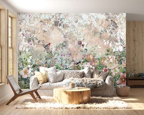 Wall mural - Garden with multicolored flowers and birds