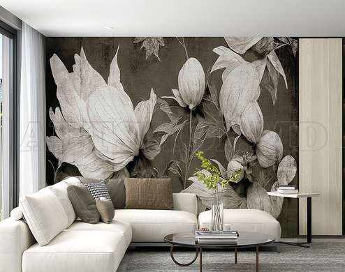 Wall mural - White flowers on a brown-grey background