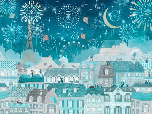 Nursery photo murals, Eiffel Tower and rooftops with cats in blue hues