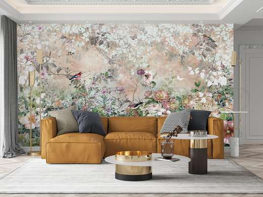 Wall mural - Garden with multicolored flowers and birds