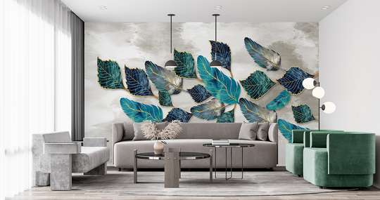 Wall mural - Turquoise leaves on gray background