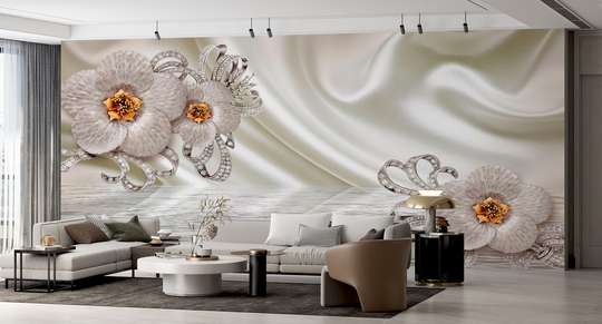 Wall Mural - White flowers with precious stones on a background of water and beige silk