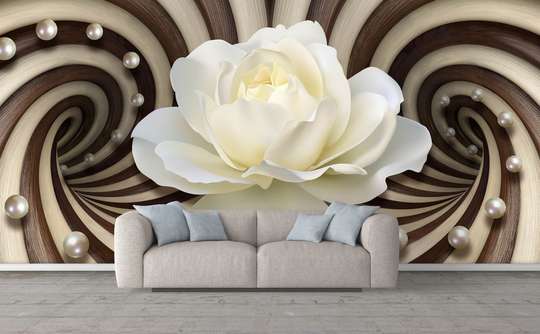 3D Wallpaper - White rose on a background of brown abstract lines