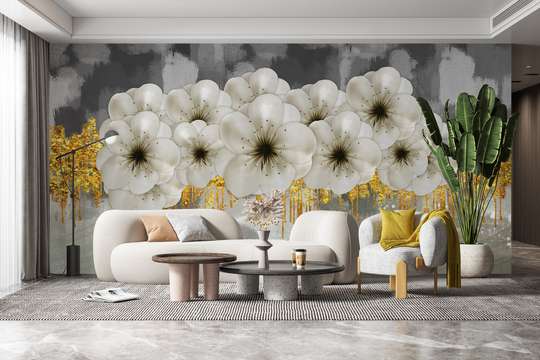 Fototapet - Flori albe cu elemente aurii