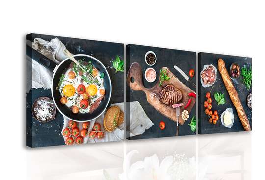 Tablou Pe Panza Multicanvas, Mâncare pe un fundal negru, 225 x 75