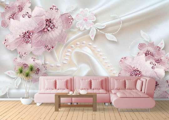 Wall Mural - Pink flowers and gems on a white silk background